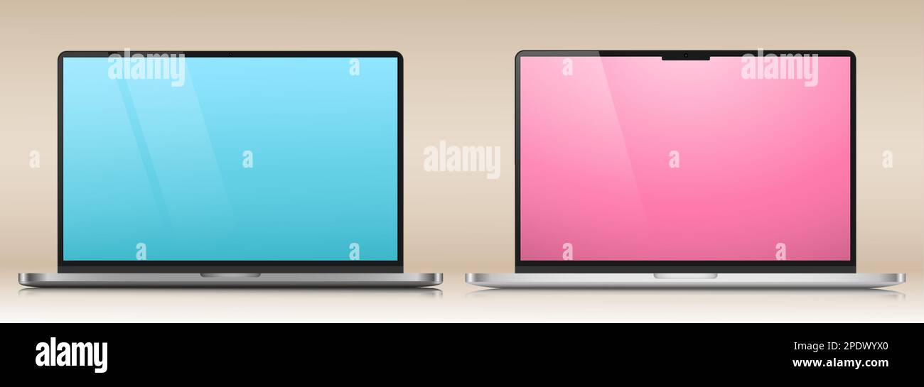Two laptops with blue and pink screens on a beige gradient background