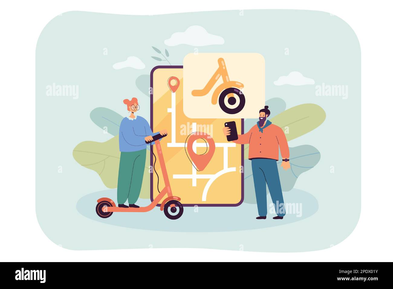 People using mobile application for electric scooters sharing Stock Vector