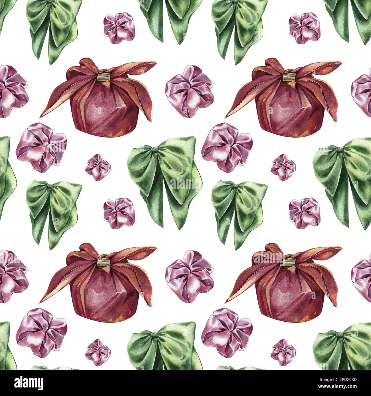 Seamless pattern with red textile gift box, green bow knot and pink ...