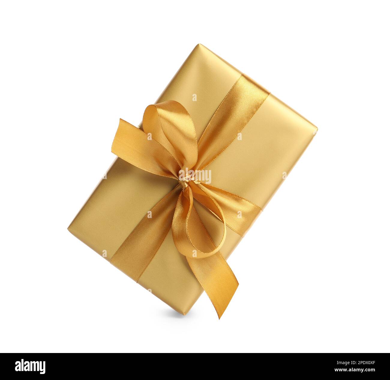 Gift box with golden ribbon and bow on white background Stock Photo - Alamy