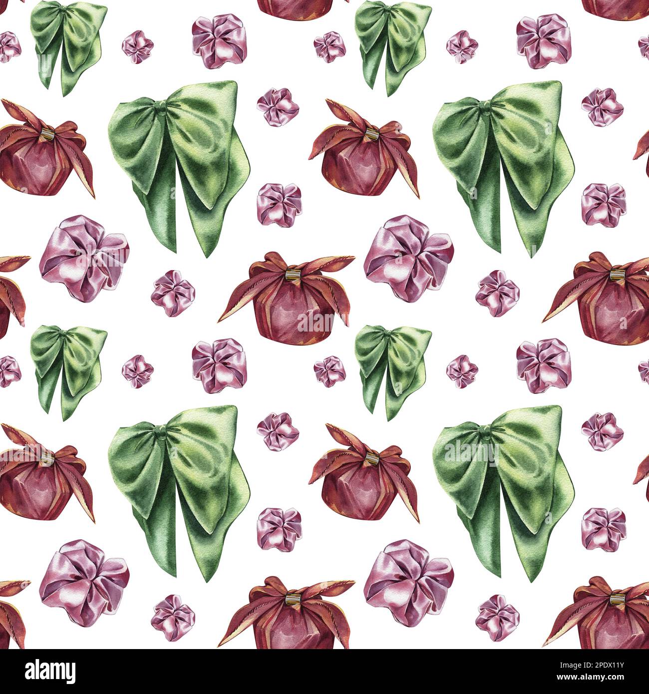 Seamless pattern with red textile gift box, green bow knot and pink ...