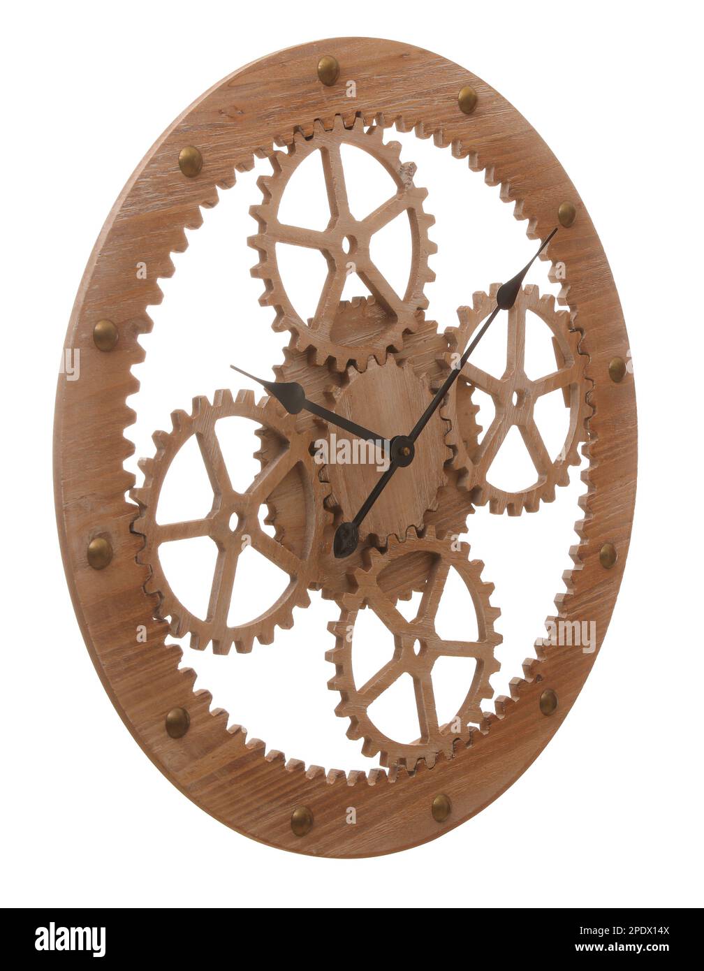 Stylish wall clock with wooden gears isolated on white Stock Photo Alamy