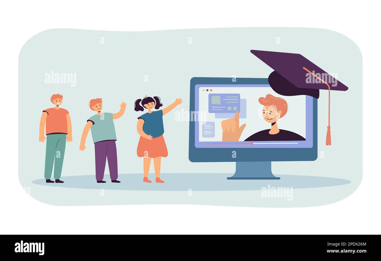 Cute tiny children watching online lecture on computer screen Stock Vector