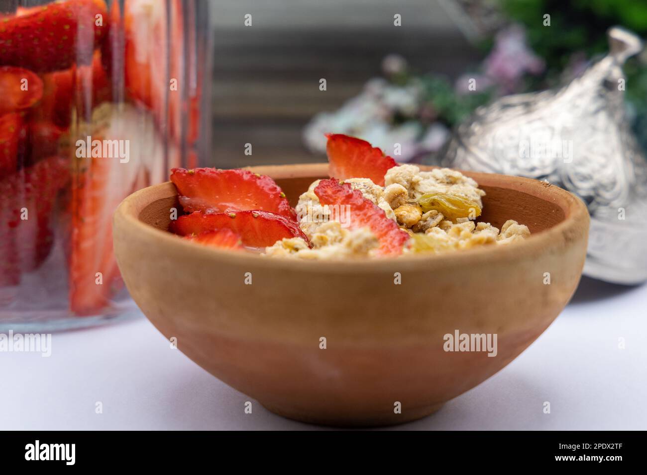 Healthy Breakfast Cereals Oats, Strawberry, honey with Yogurt nuts in