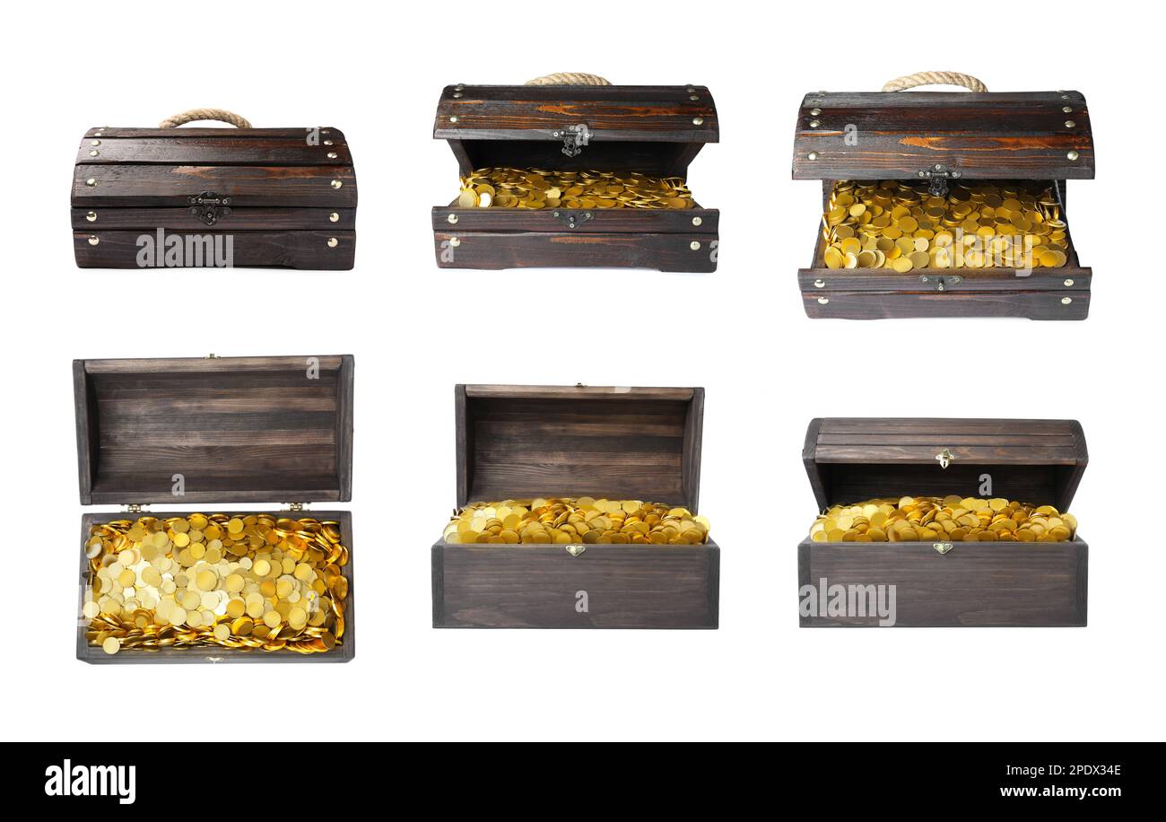 Set with treasure chests full of gold coins on white background Stock ...
