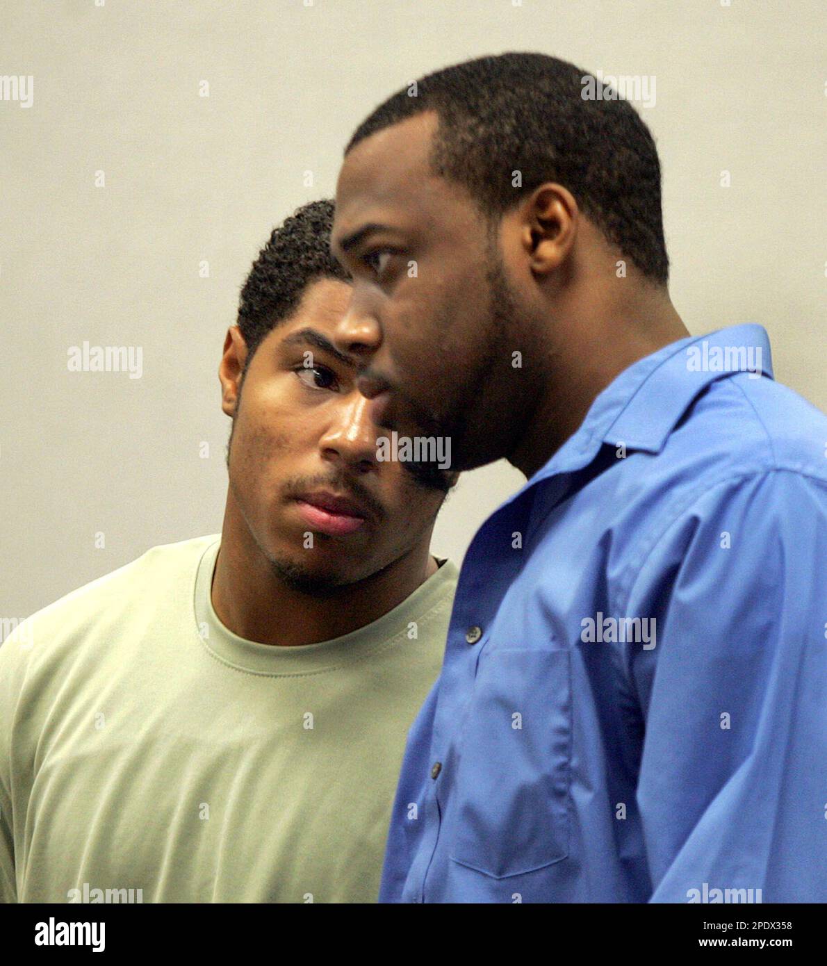 Brigham Young University football players B.J. Mathis, left and Ibrahim  Rashada, are seen in 4th District Court, Thursday, Aug. 25, 2005, in Provo,  Utah. The two men are accused of raping a