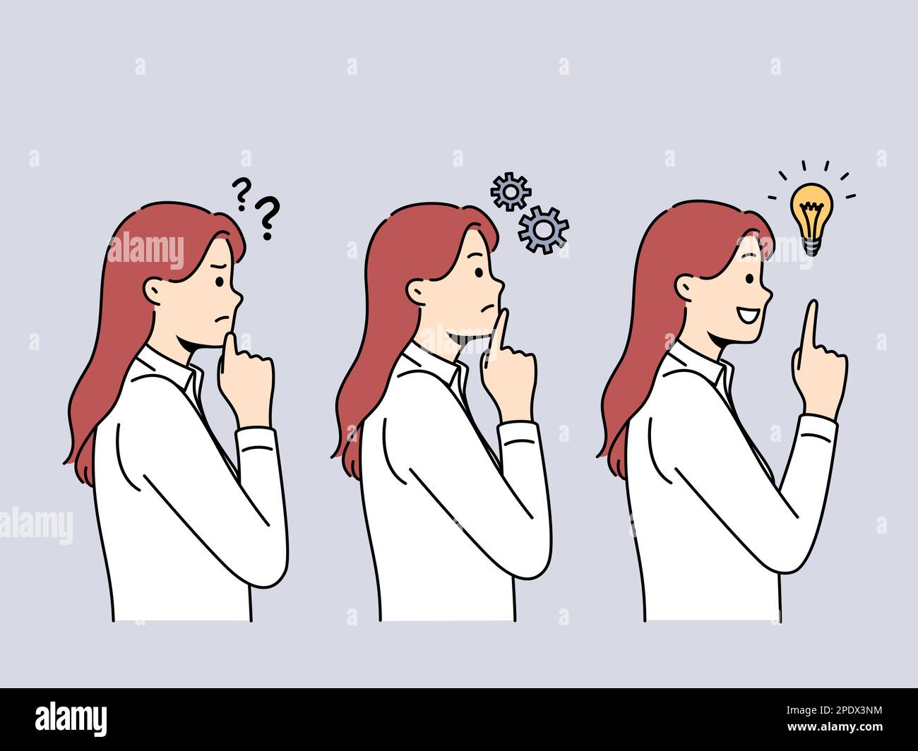 Pensive woman feel confused engaged in thinking process and finding solution to business problem. Concept of solving troubles and brainstorming. Vector illustration.  Stock Vector