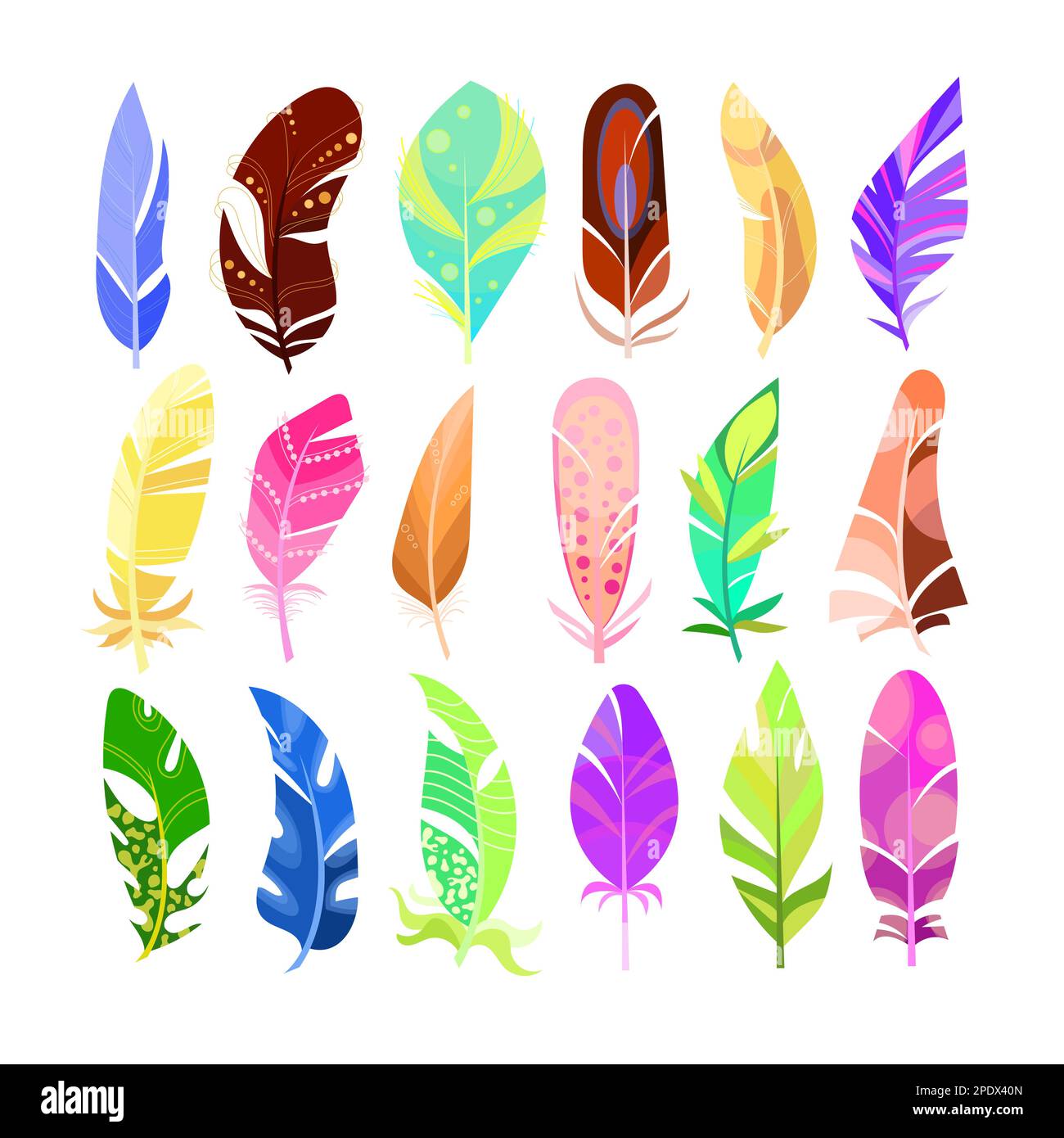 Various colorful birds feathers cartoon illustration collection Stock Vector