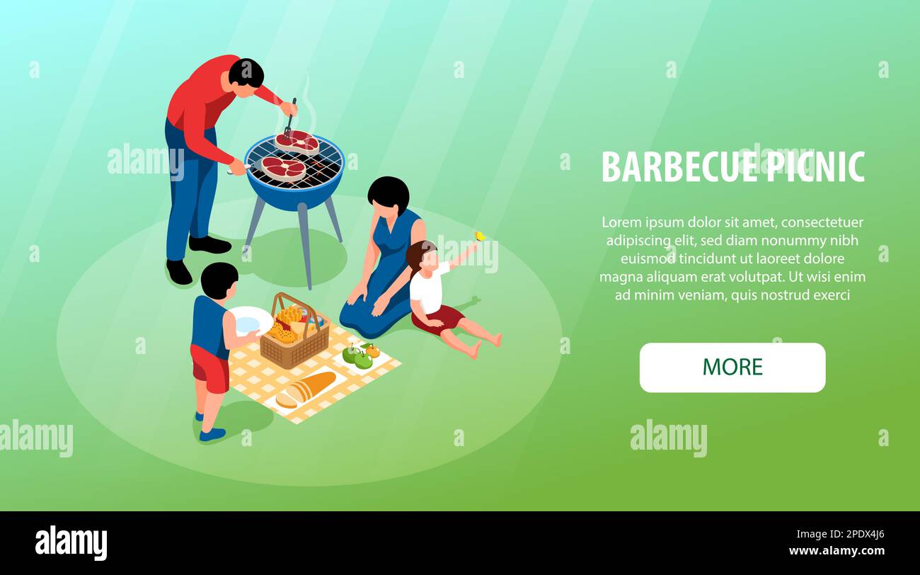 Isometric barbecue horizontal banner with family eating grilled meat outdoors vector illustration Stock Vector