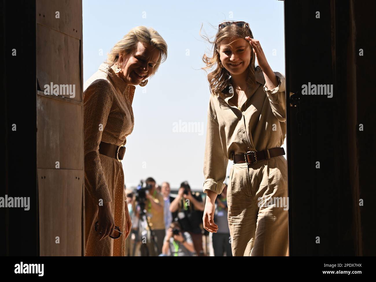 Thebes, Egypt, Wednesday 15 March 2023. Queen Mathilde of Belgium and Crown Princess Elisabeth pictured at the temple of Amenhotep during a visit to the archeological site of El Kab, on the second day of a royal visit to Egypt, from 14 to 16 March, in El Kab, Egypt, Wednesday 15 March 2023. The Queen and the Crown Princess are in the country for an official three-day trip. They undertake the same trip to Egypt that Queen Elisabeth (the wife of King Albert I) and her son Leopold - later King Leopold III - did exactly 100 years ago. BELGA PHOTO POOL DIDIER LEBRUN Stock Photo