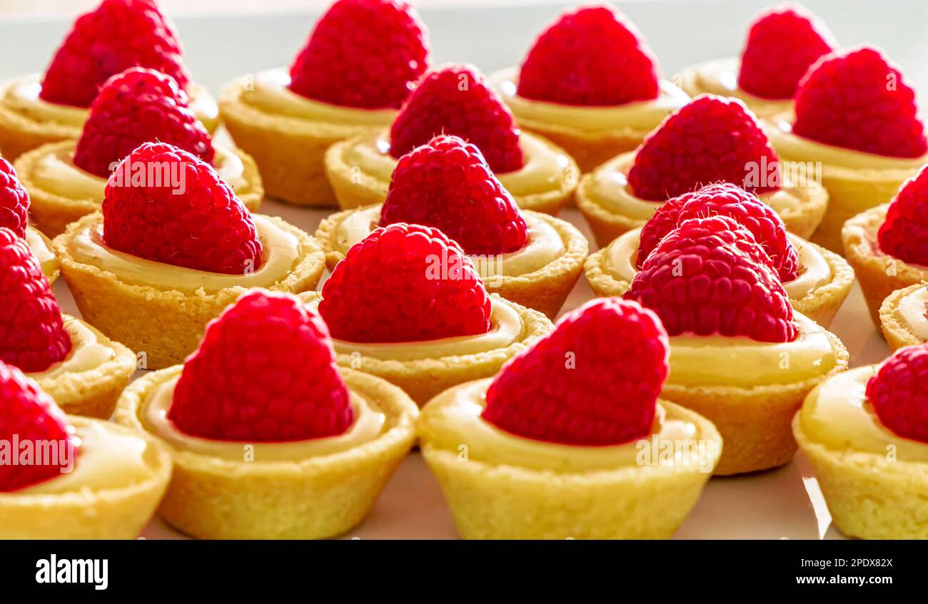 Raspberry tartlets with lemon curd on a white plate. Elegant pastry dessert. Close up. Selective focus Stock Photo