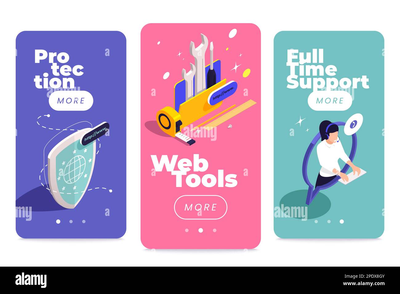 Web hosting icons isometric set of three vertical mobile app banners with buttons and page switches vector illustration Stock Vector