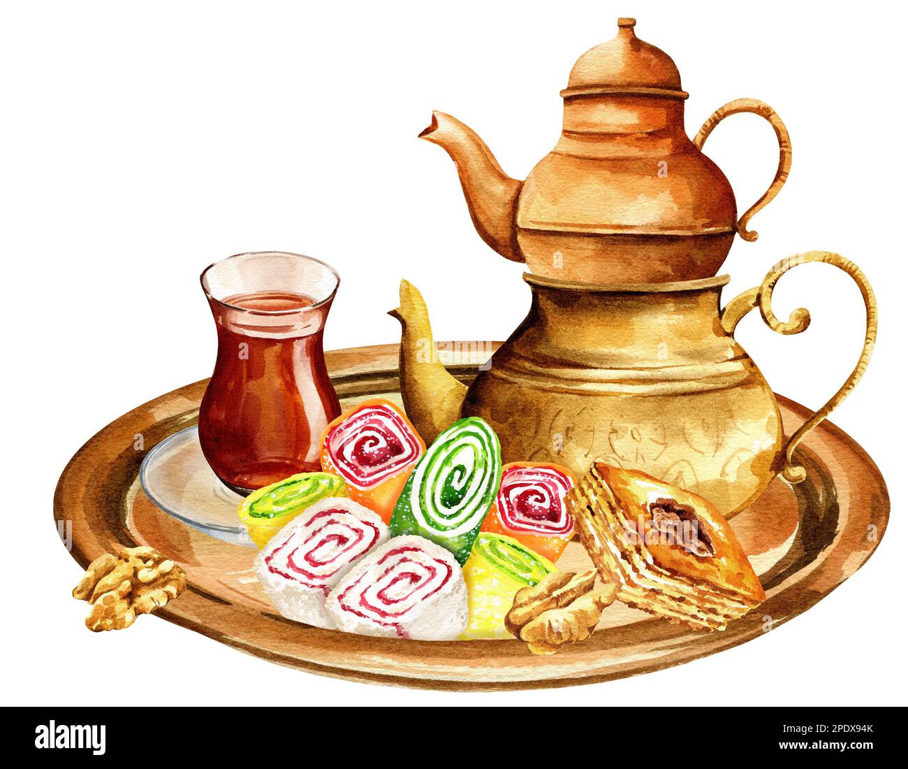Taditional oriental teapot with turkish delight on metal copper tray