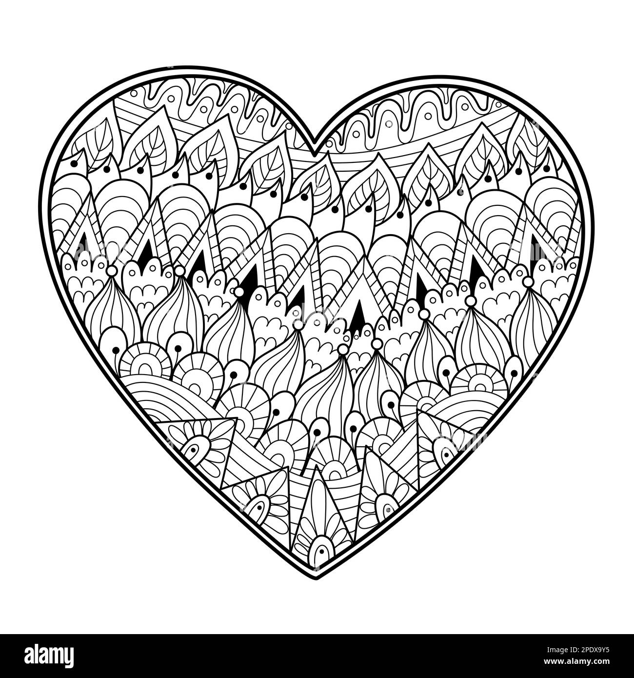 Black and white zentangle heart coloring page. Outline love pattern for ...