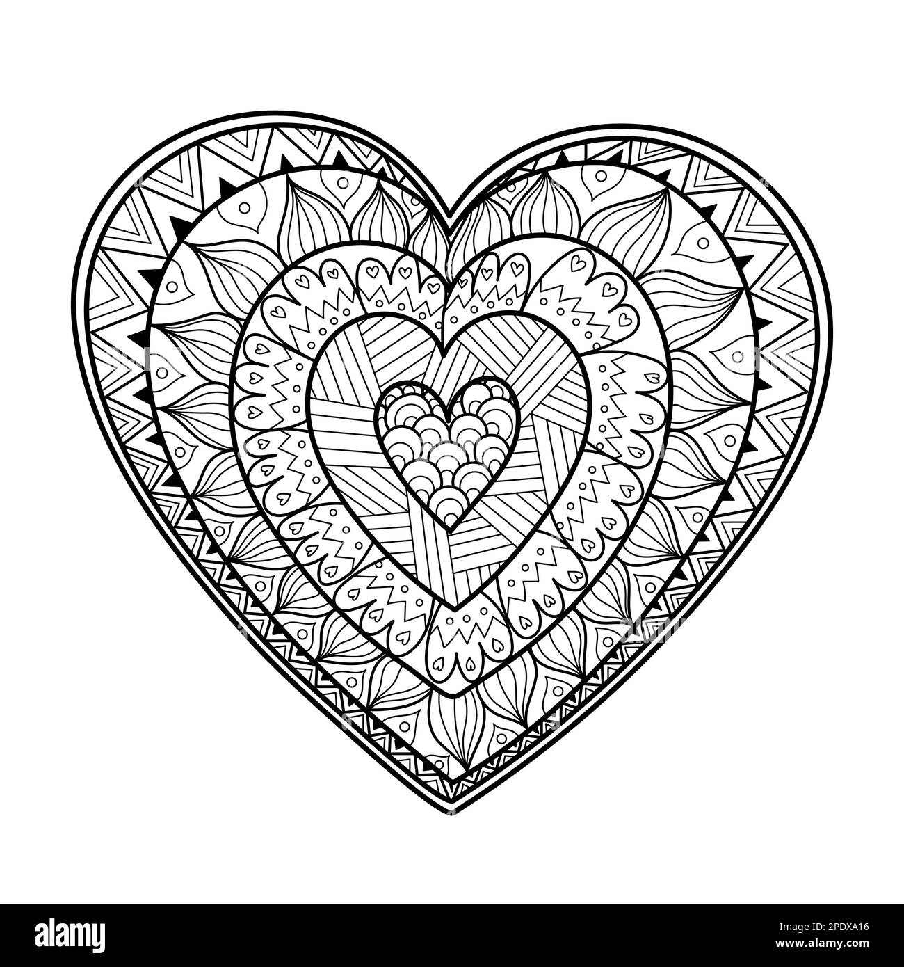 Heart mandala coloring page. Black and white love pattern for