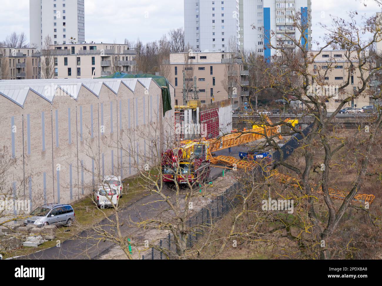 Potsdam, Germany. 15th Mar, 2023. A fallen construction crane lies on