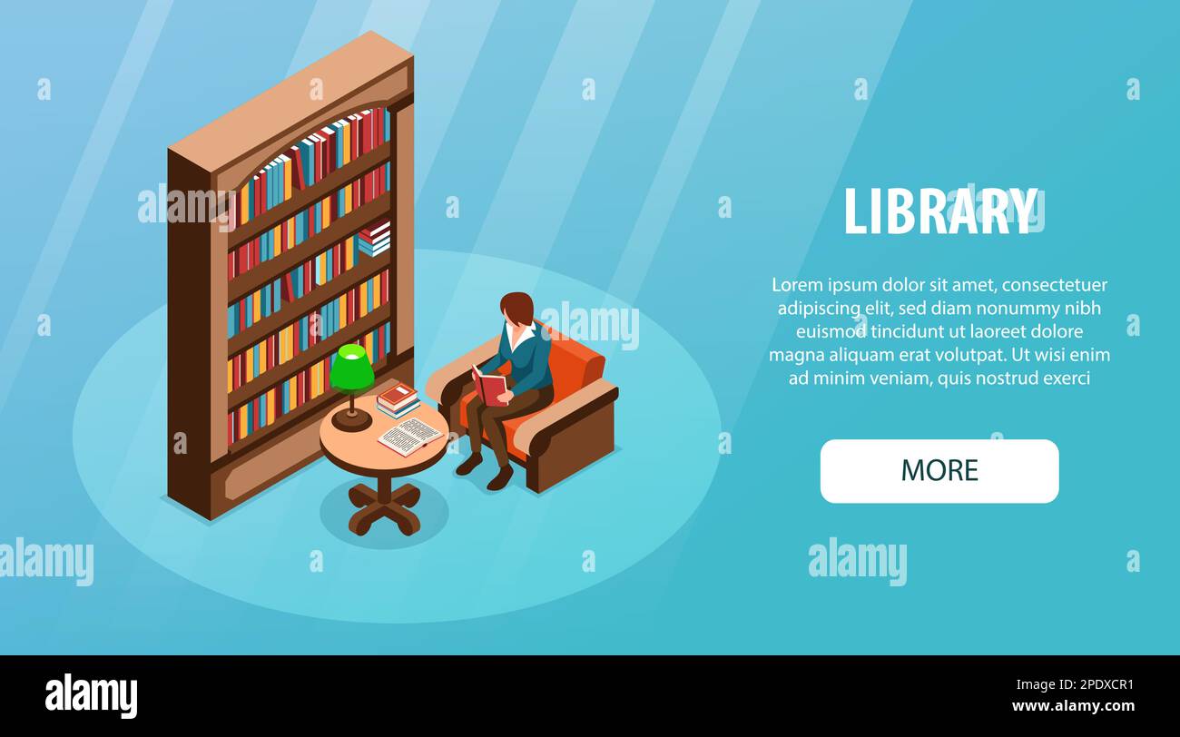 Isometric library banner with woman reading book near bookshelf vector
