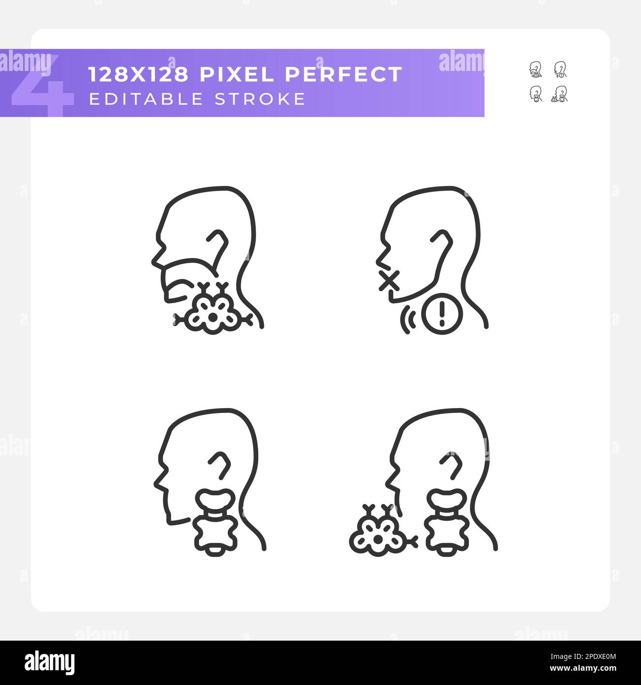 Problem with throat cure pixel perfect linear icons set Stock Vector