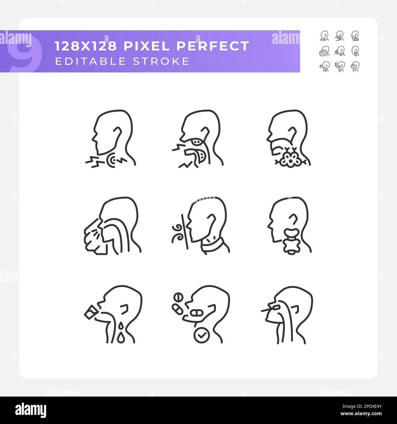 Throat diseases pixel perfect linear icons set Stock Vector