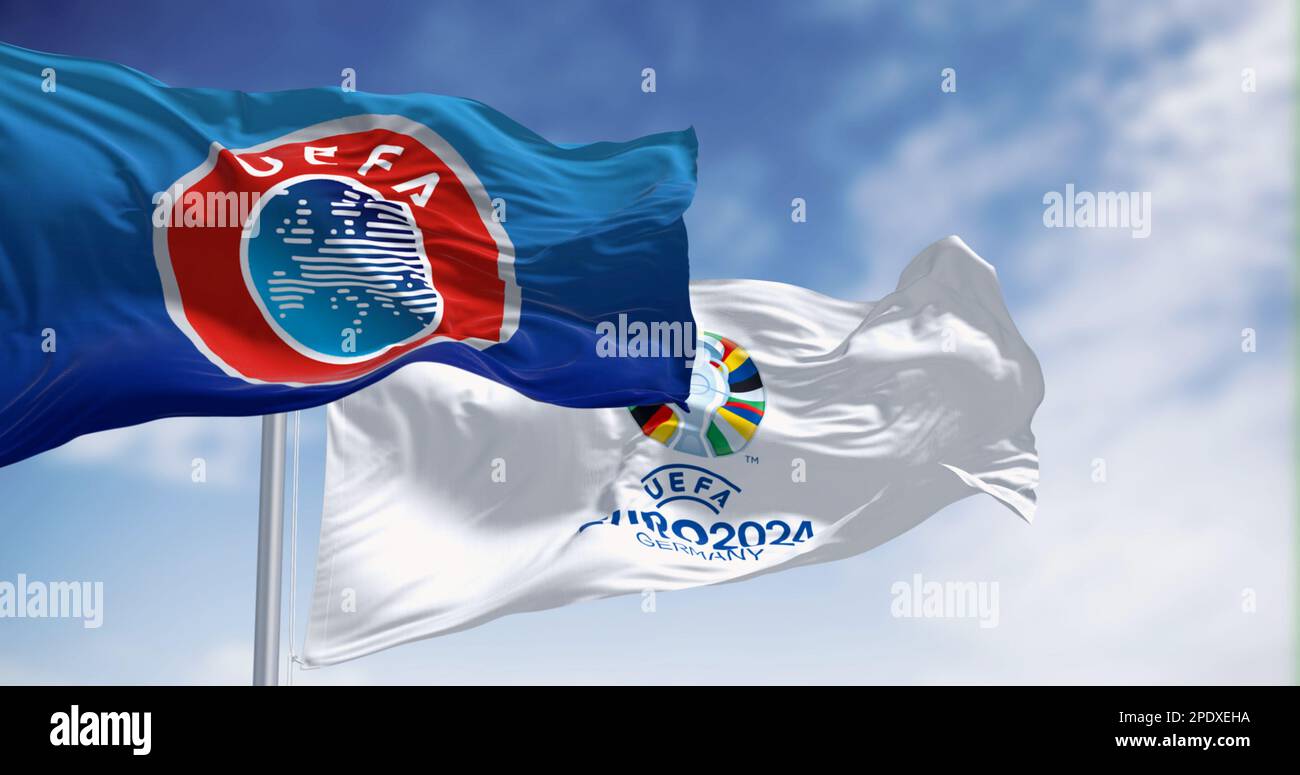 Berlin, DE, Feb 2023 Flags of Euro 2024 and UEFA fluttering in the