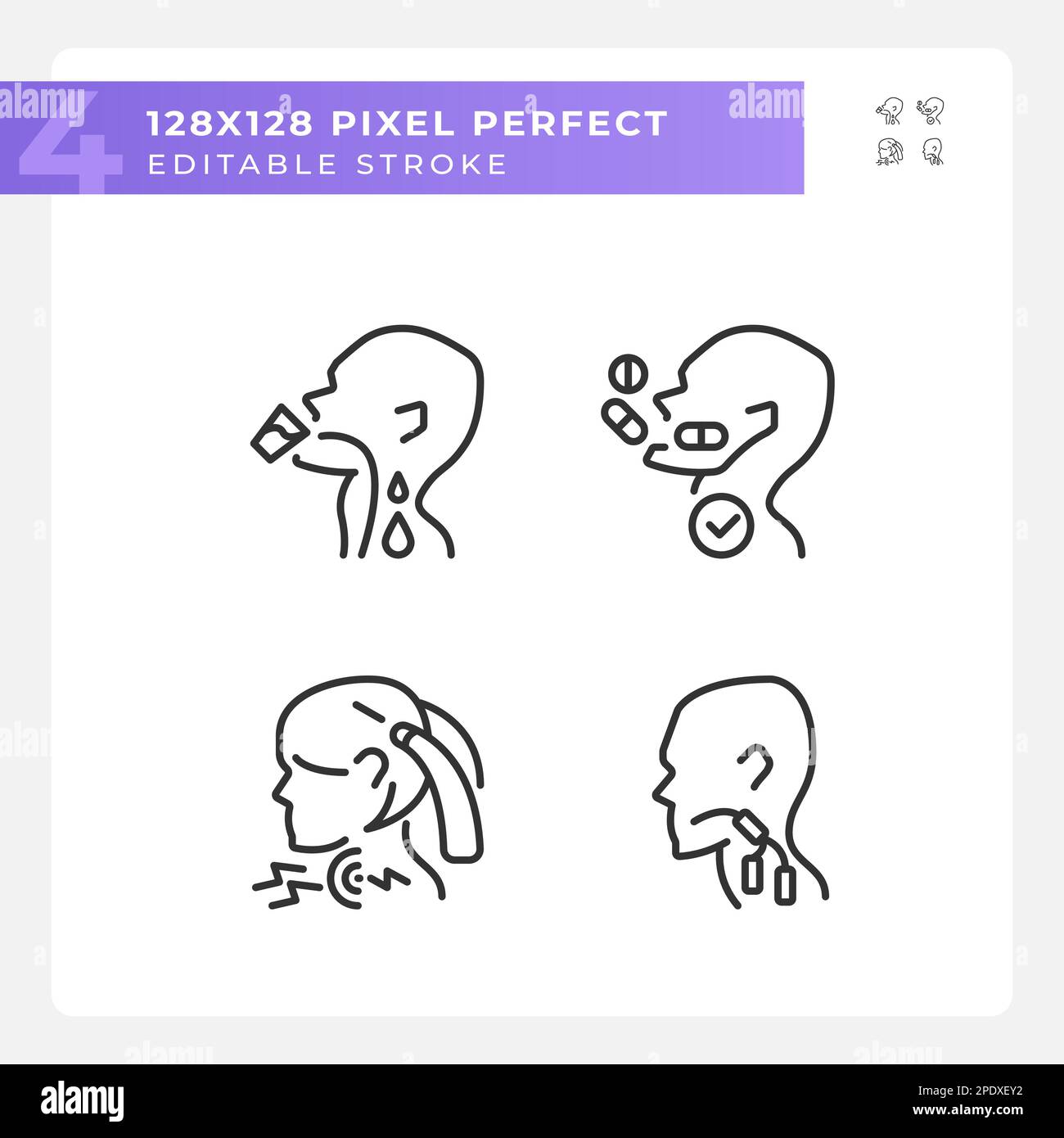 Throat sickness pixel perfect linear icons set Stock Vector
