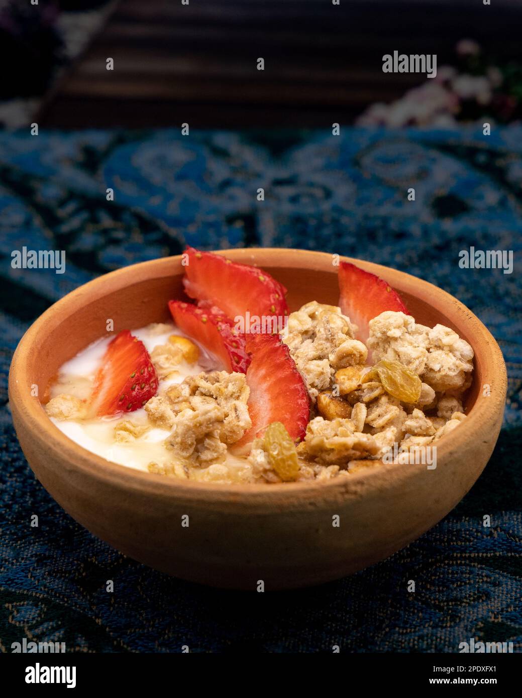 Healthy Breakfast Cereals Oats, Strawberry, honey with Yogurt nuts in