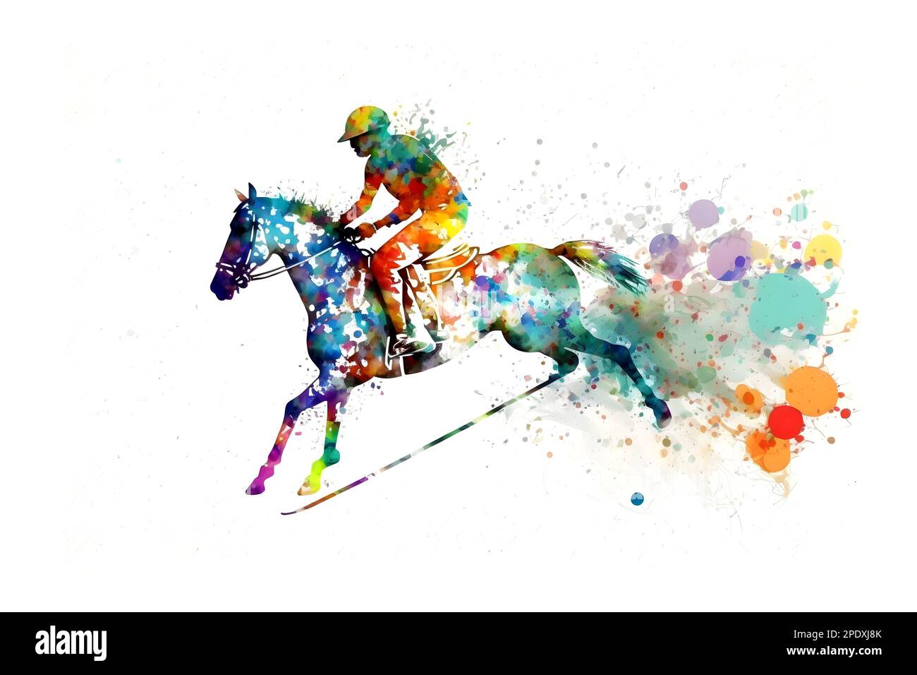 Race horse with jockey on watercolor splatter background. Neural