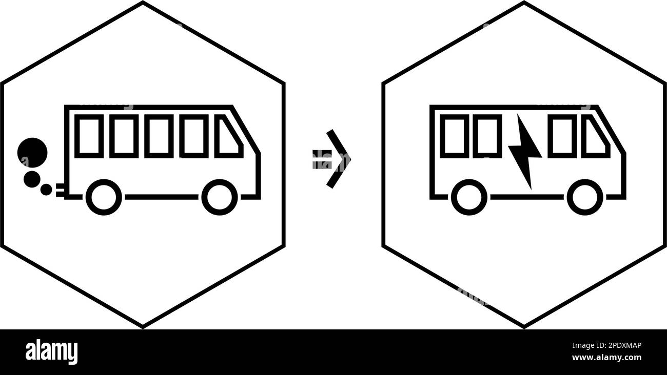 Bus icon for the change from internal combustion engines to e-mobility for public transport buses against a transparent background. Stock Vector