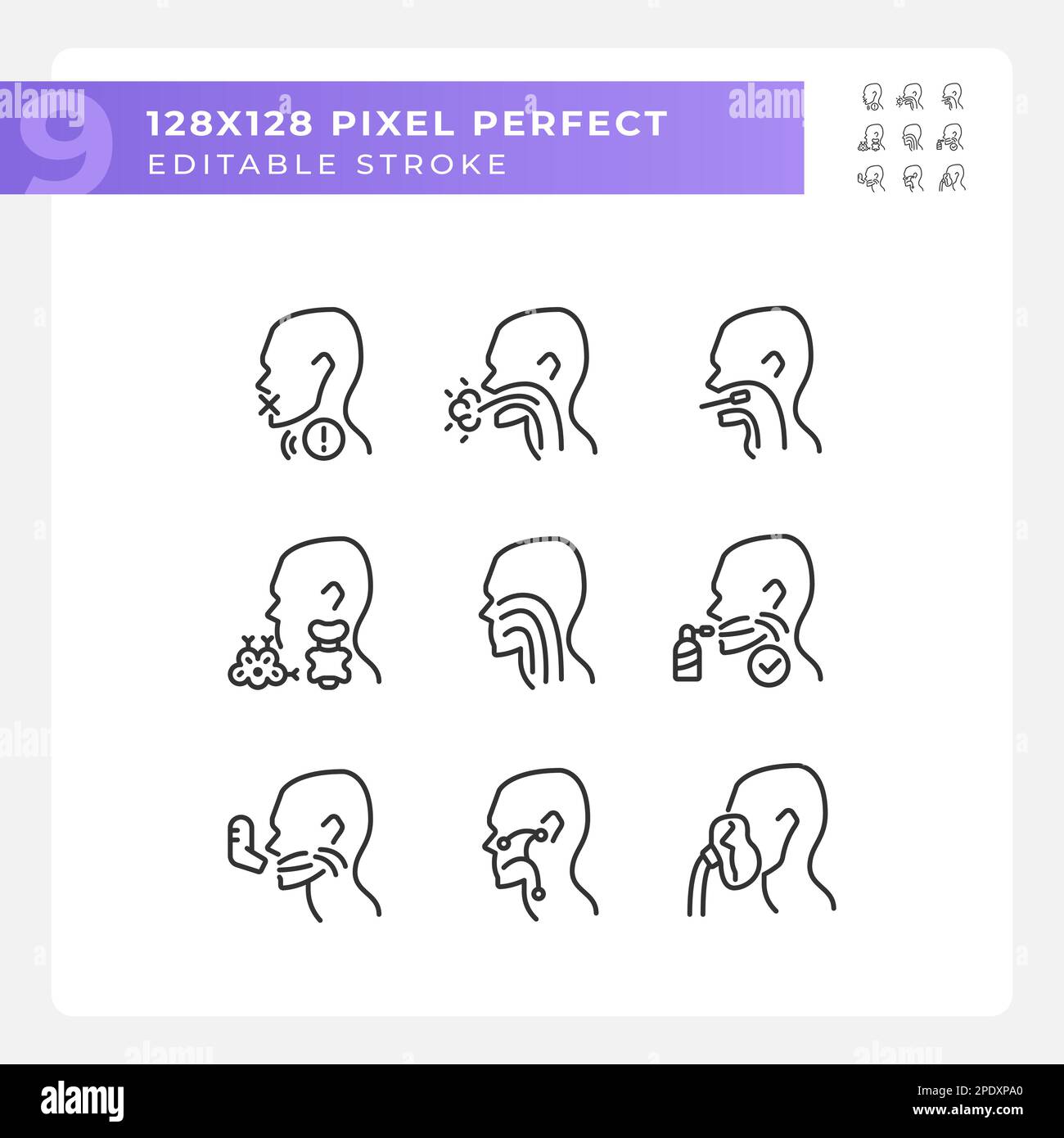 Throat problem diagnostics pixel perfect linear icons set Stock Vector