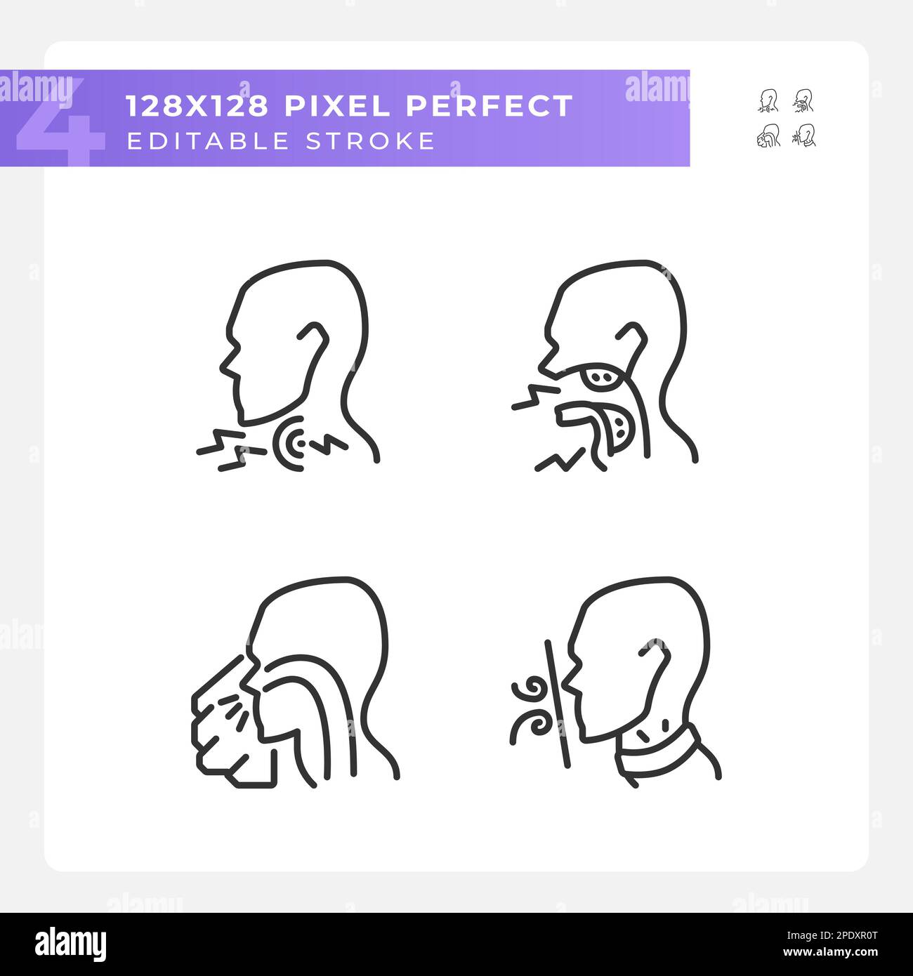 Throat diseases types pixel perfect linear icons set Stock Vector