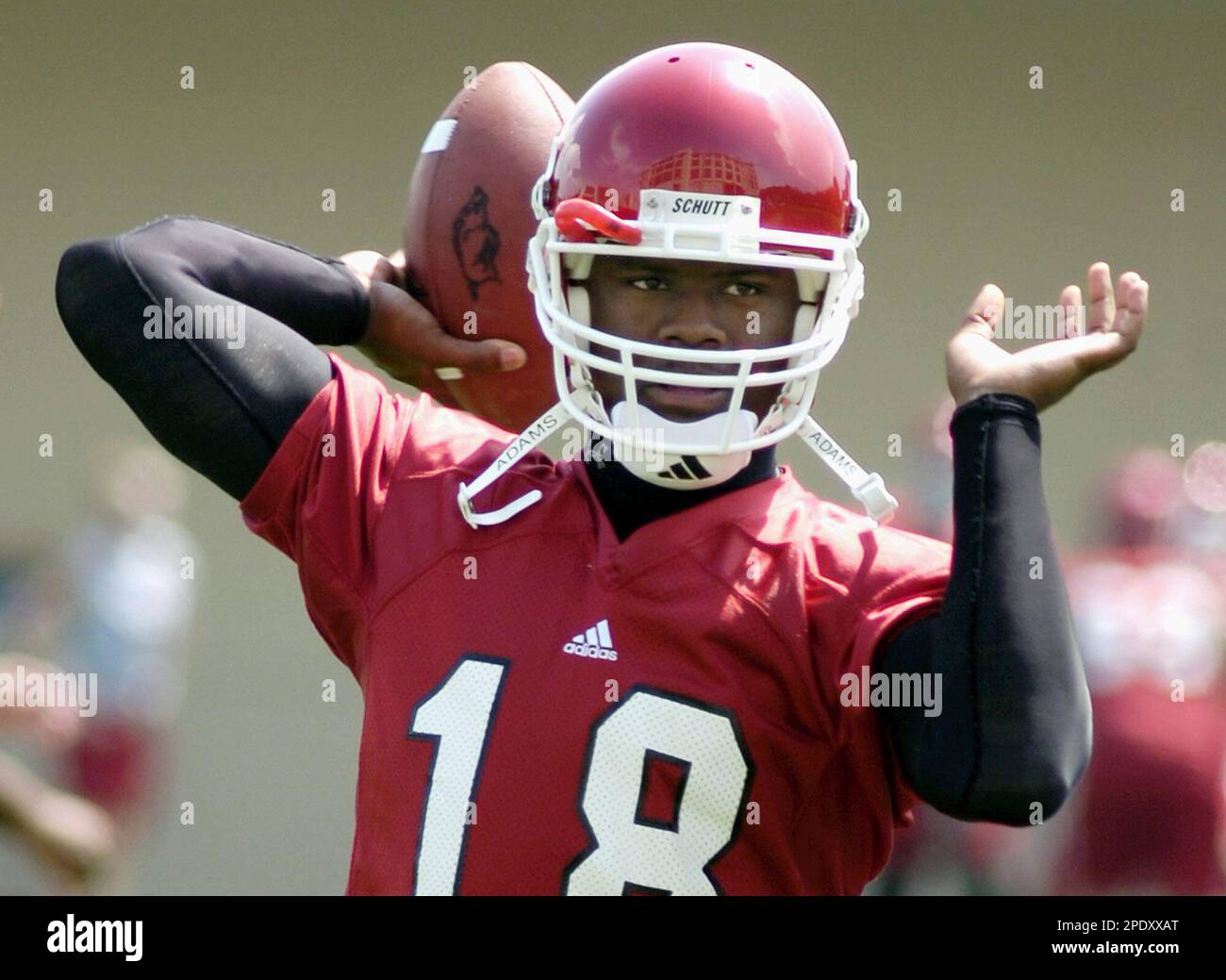 Arkansas quarterback Robert Johnson makes a pass during warm-ups before  practice in Fayetteville, Ark., Monday, Aug. 8, 2005. Johnson is expected  to take the starting quarterback job to replace matriculated Matt Jones,