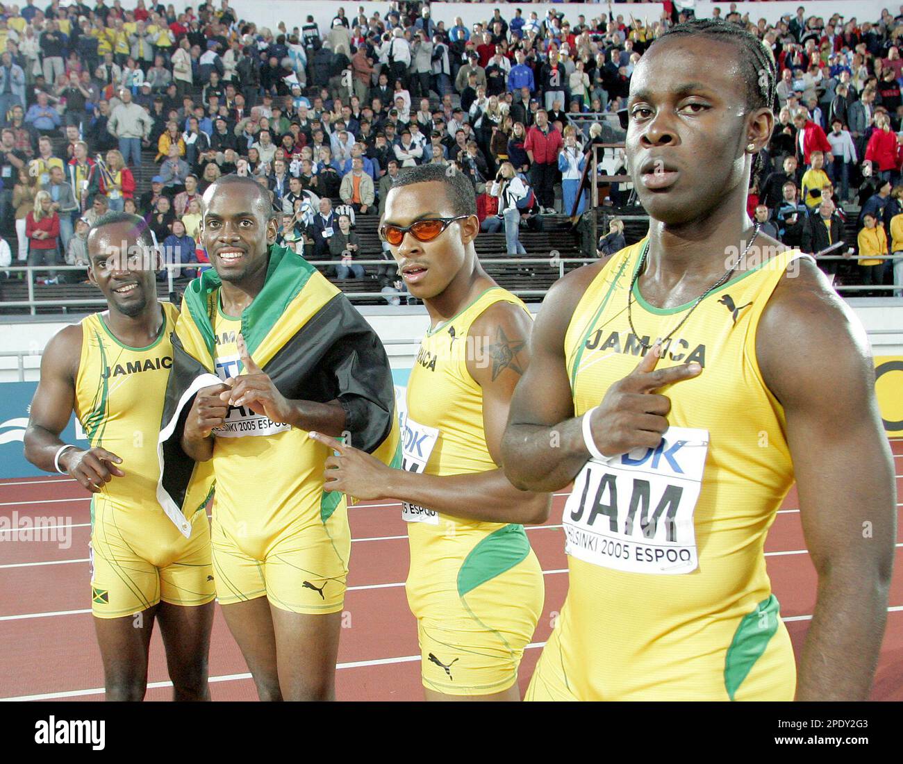 The Jamaica team celebrate after taking the bronze medal in the Men's