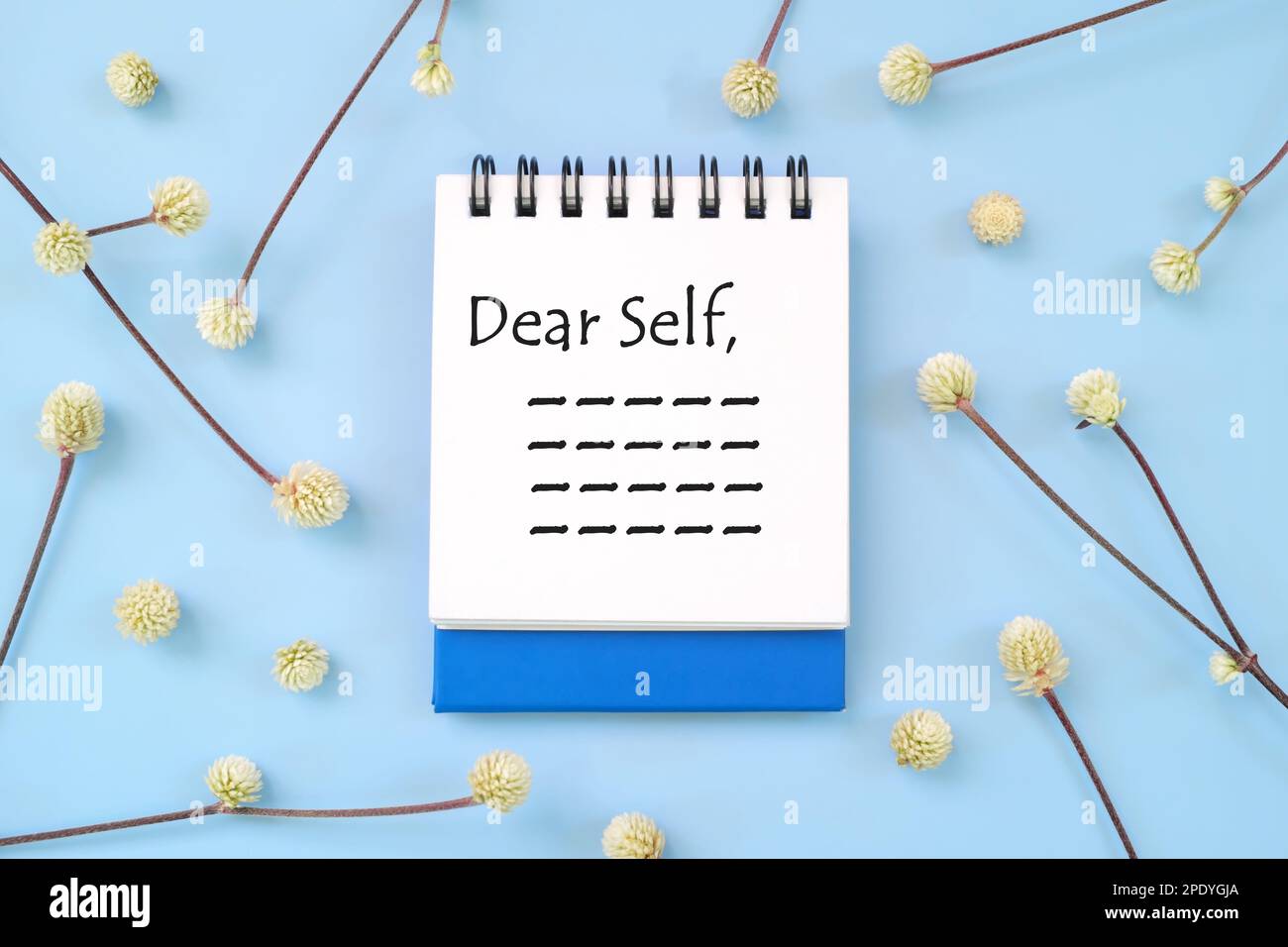 Dear self, personal reflection and advice to self concept. Flat lay journal diary in blue background. Stock Photo