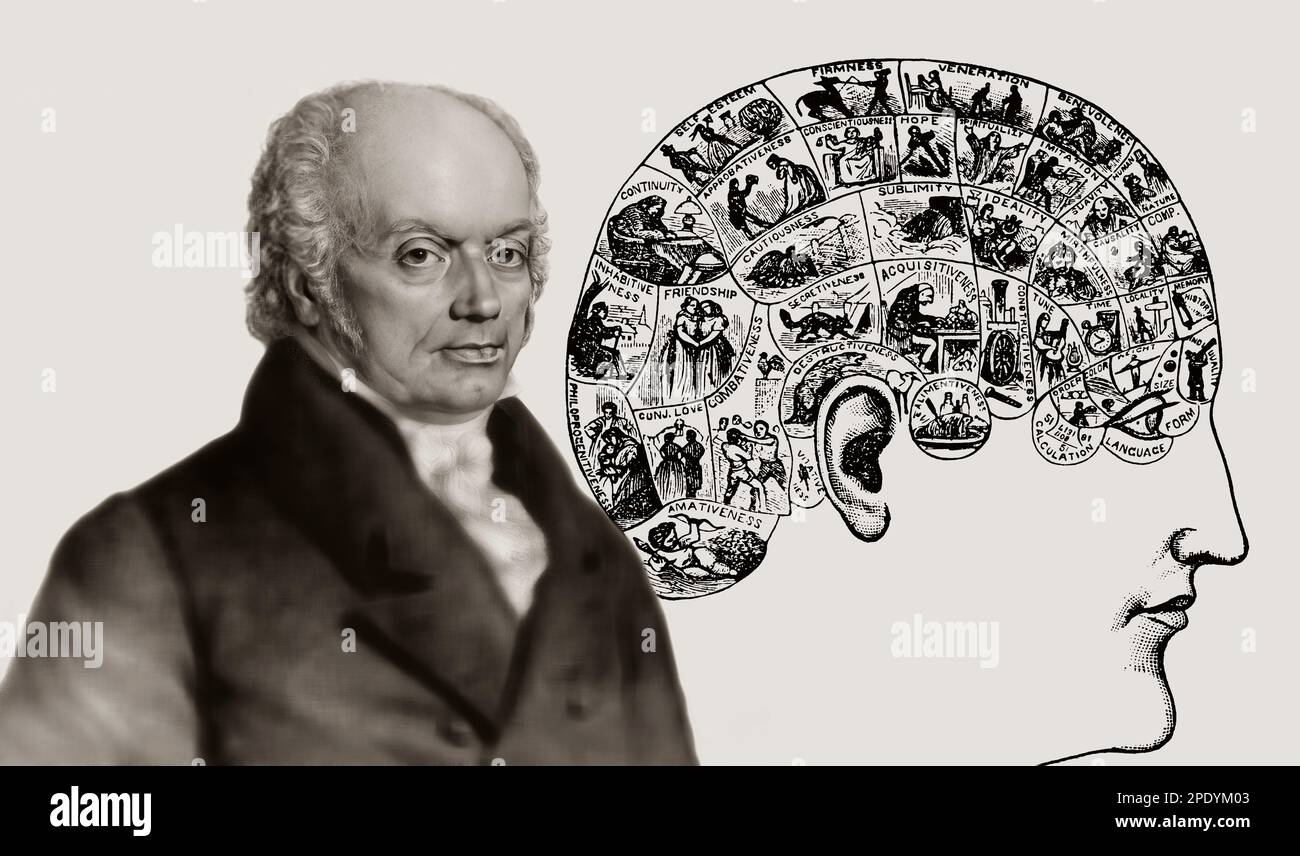 Franz Joseph Gall, 1758-1828, German neuroanatomist and physiologist with a Phrenological Chart, head with mental and moral faculties Stock Photo