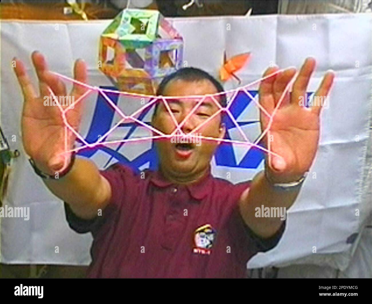 Japanese astronaut Soichi Noguchi plays a string game in this televised ...