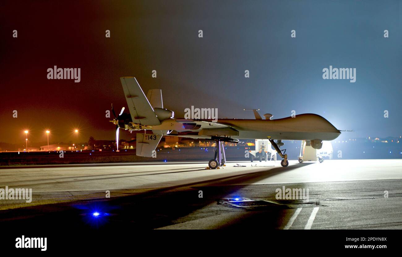 An MQ-9 Reaper drone on the runway at Hurlburt Field, Florida. This drone  is an armed, multi-mission, medium-altitude, long-endurance remotely piloted aircraft that is employed primarily as an intelligence-collection asset and secondarily against dynamic execution targets.  One of these was knocked out of the sky by a Russian flighter jet over the Black Sea in March 2023  Optimised version of a U.S. Air Force photo. Credit USAF/JBainter. Stock Photo