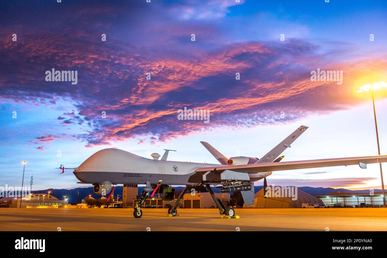 A General Atomics MQ-9 Reaper. MQ-9 'Reaper' drones  are armed, multi-mission, medium-altitude, long-endurance remotely piloted aircraft that is employed primarily as an intelligence-collection asset and secondarily against dynamic execution targets.  One of these was knocked out of the sky by a Russian flighter jet over the Black Sea in March 2023  Optimised version of a U.S. Air Force photo. Credit USAF/R.Sullivan Stock Photo
