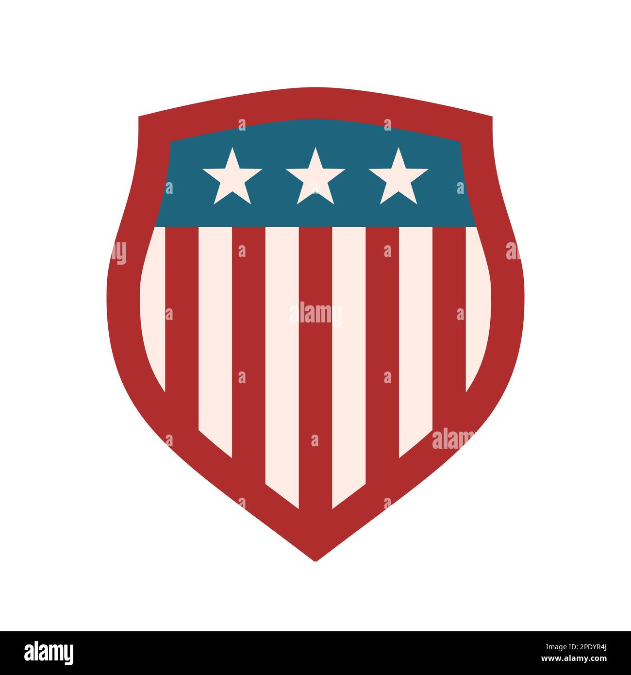 American shield symbol. Sport team emblem. United States of America flag theme. Red, blue, white patriotic colors. USA sign with stars and stripes. Stock Vector