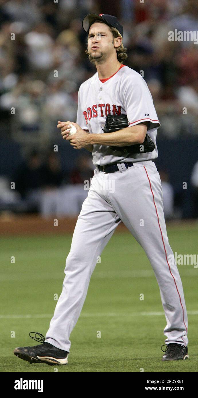 Boston Red Sox pitcher Bronson Arroyo reacts after Minnesota Twins' Joe
