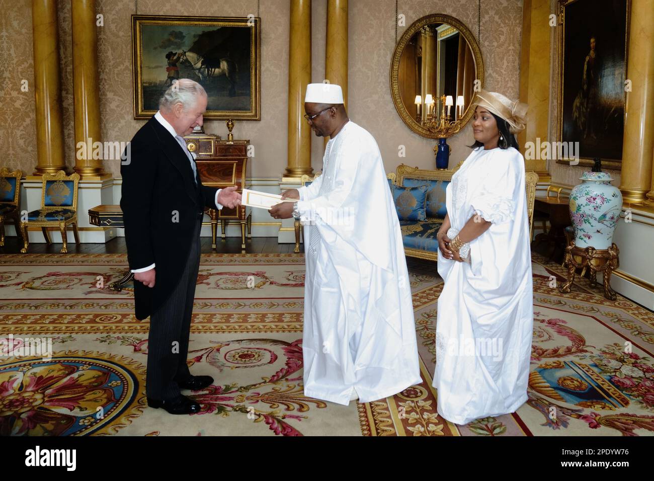 King Charles III receives the Ambassador from the Republic of Guinea, Aly Diallo, during an audience at Buckingham Palace, London. Picture date: Wednesday March 15, 2023. Stock Photo