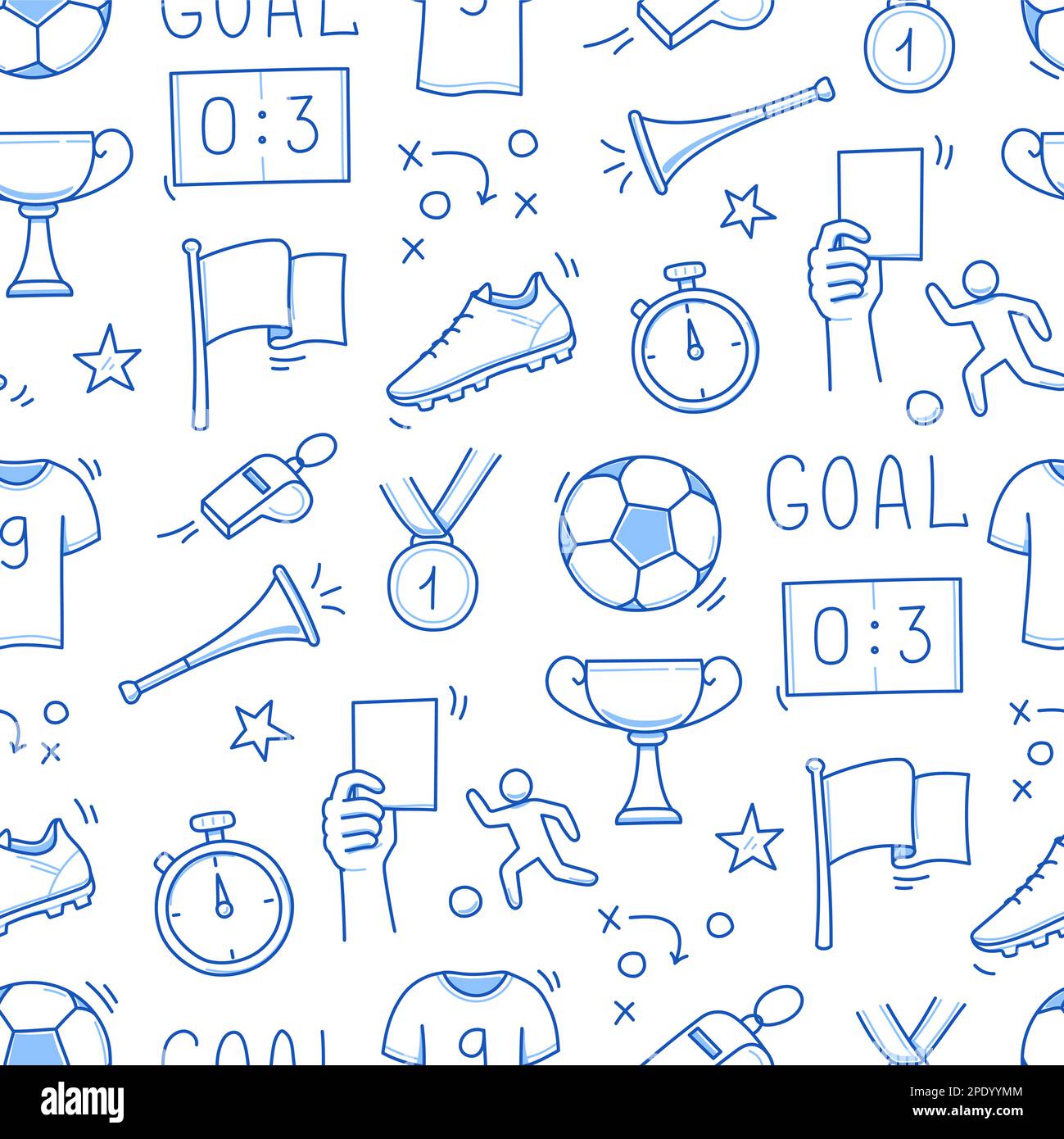 Soccer doodle seamless pattern. Football goal, award cup, whistle hand