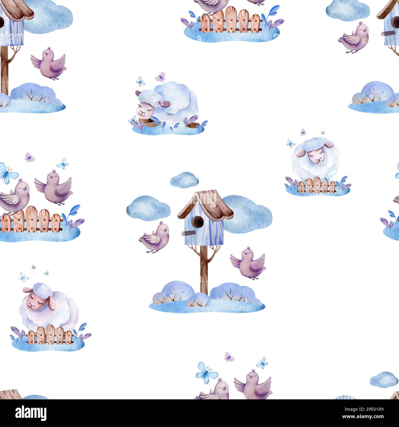 Seamless pattern pets cute lambs in a hot air balloon. Watercolor ...
