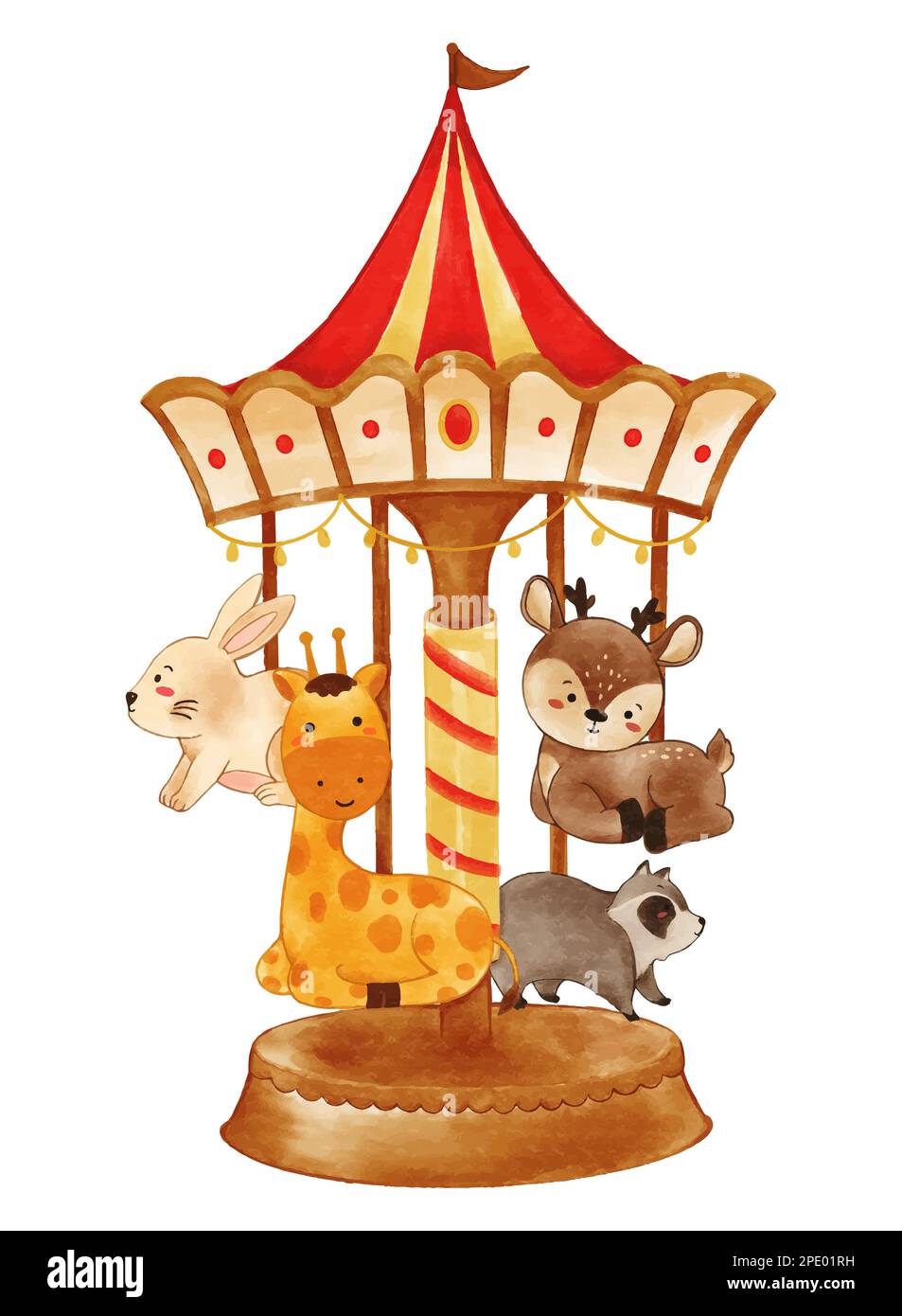 Theme park and merry go round with wildlife animals . Realistic watercolor paint with paper textured . Cartoon character design . Vector . Stock Vector