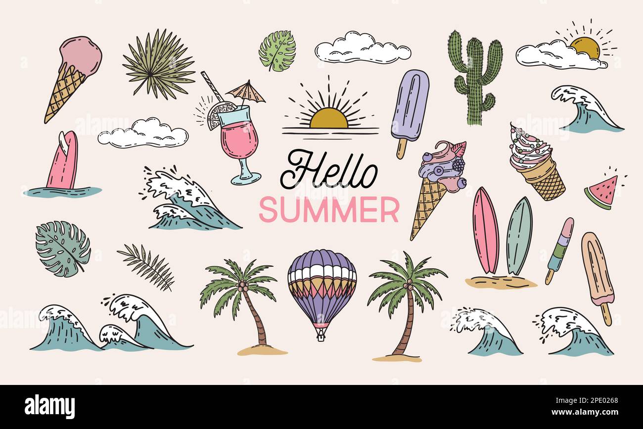 Summer icon set, hand drawn illustration. Stock Vector
