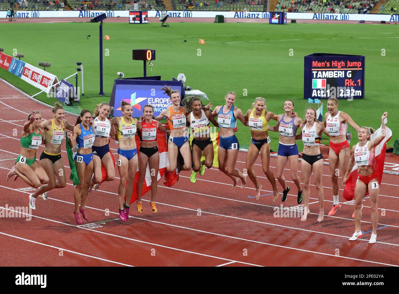 Heptathletes celebrating after the end of the completion at the