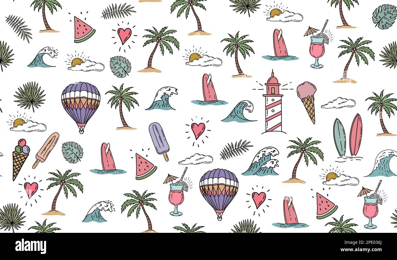 Summer icon set, hand drawn illustration. Stock Vector