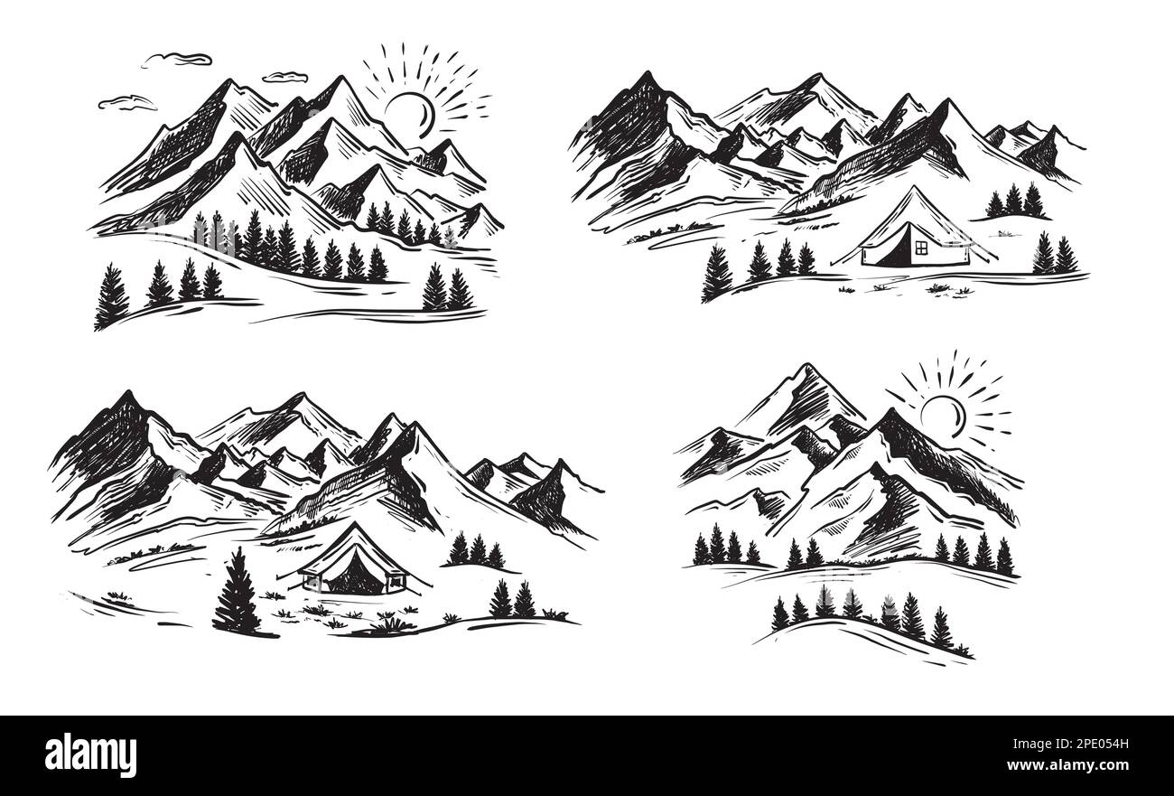 Tent camping in forest near mountains, set, hand drawn illustrations. Vector. Stock Vector