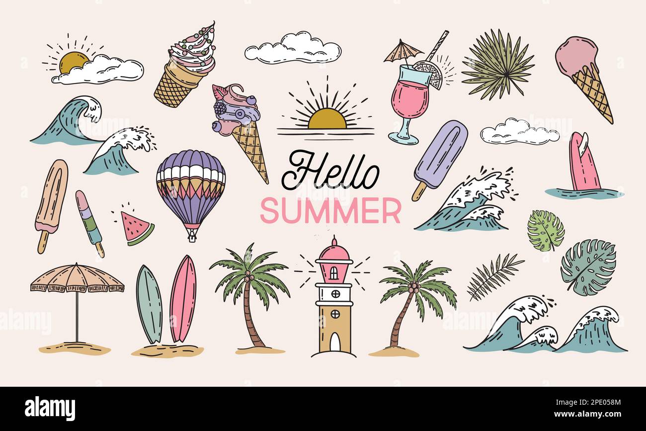 Summer icon set, hand drawn illustration. Stock Vector