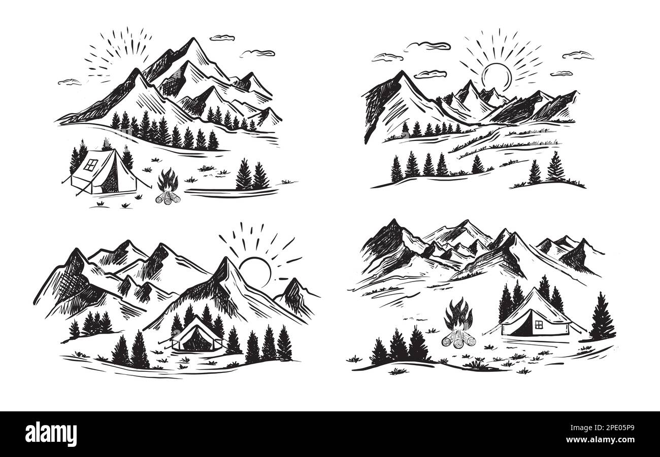 Tent camping in forest near mountains, set, hand drawn illustrations. Vector. Stock Vector