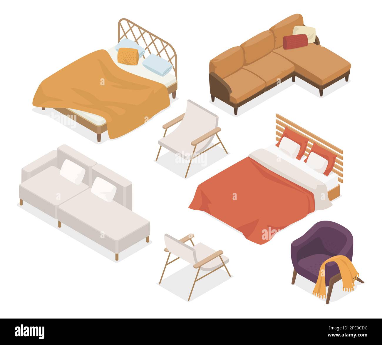 Beds, sofas and armchairs - modern vector isometric colorful elements Stock Vector